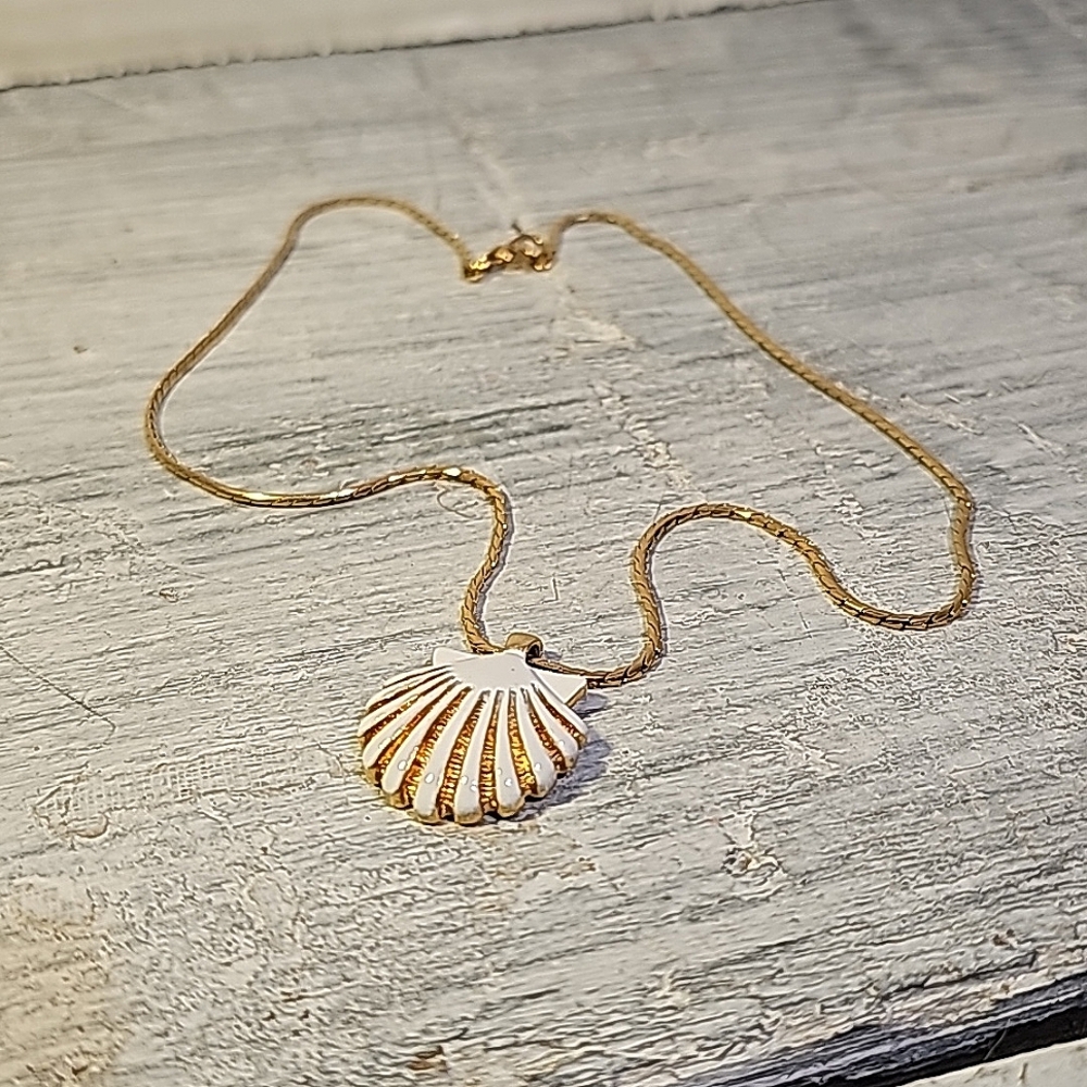 Monet Seashell Necklace White Enamel Gold Accents